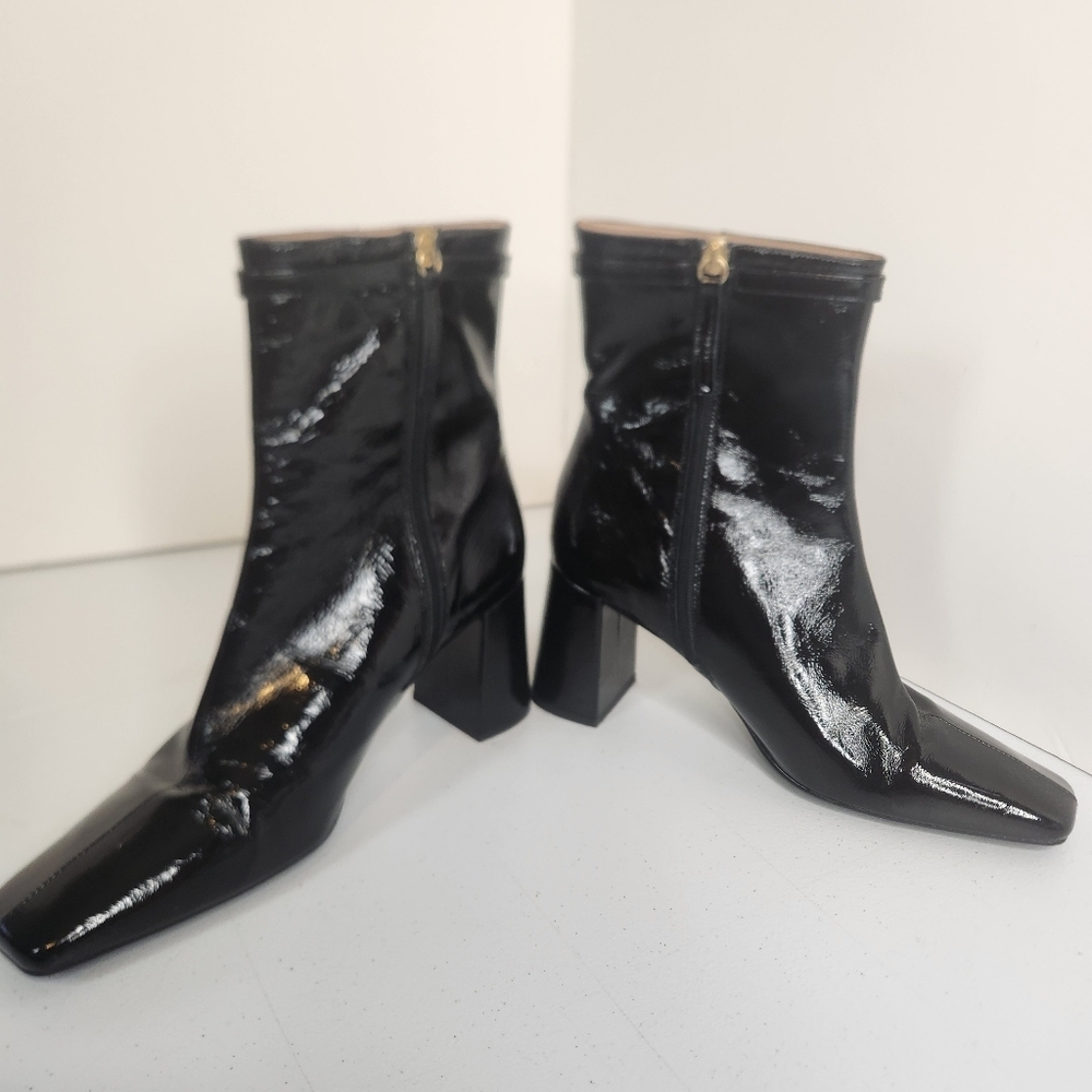Ana Palma Black Patent Leather Chunky High Heel Boots Ankle Booties Size 41 9.5 - Picture 2 of 12